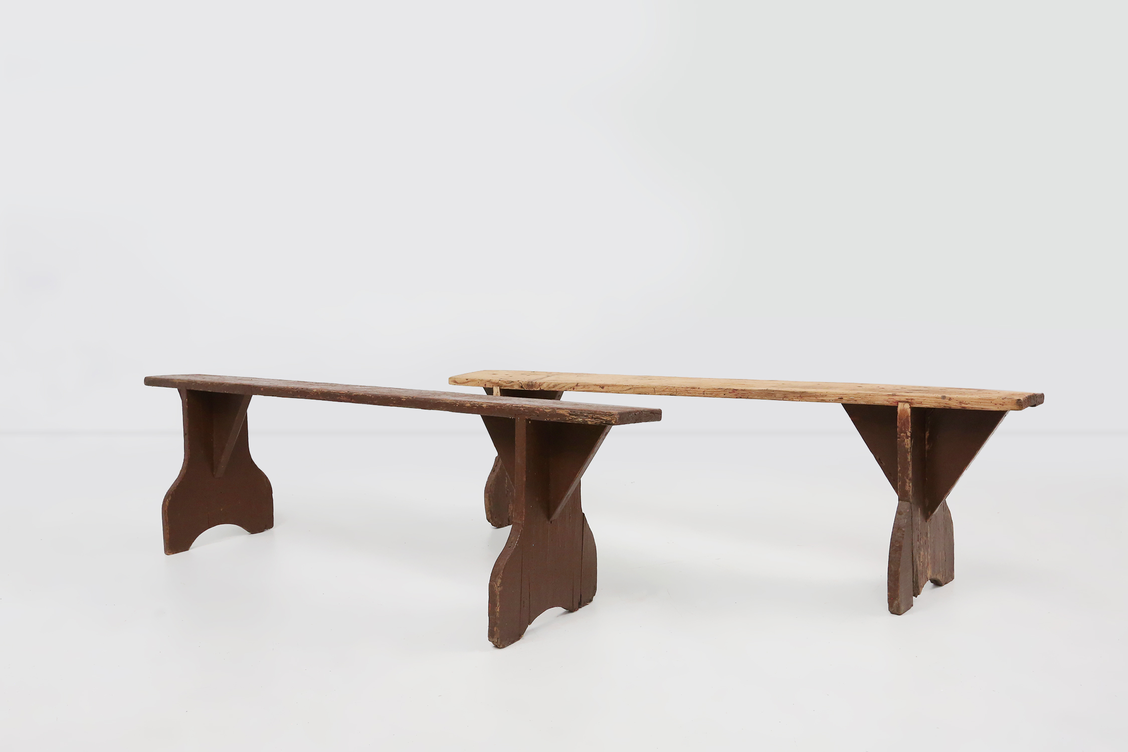 Mid-century rustic bench in brown painted wood, France ca. 1890thumbnail